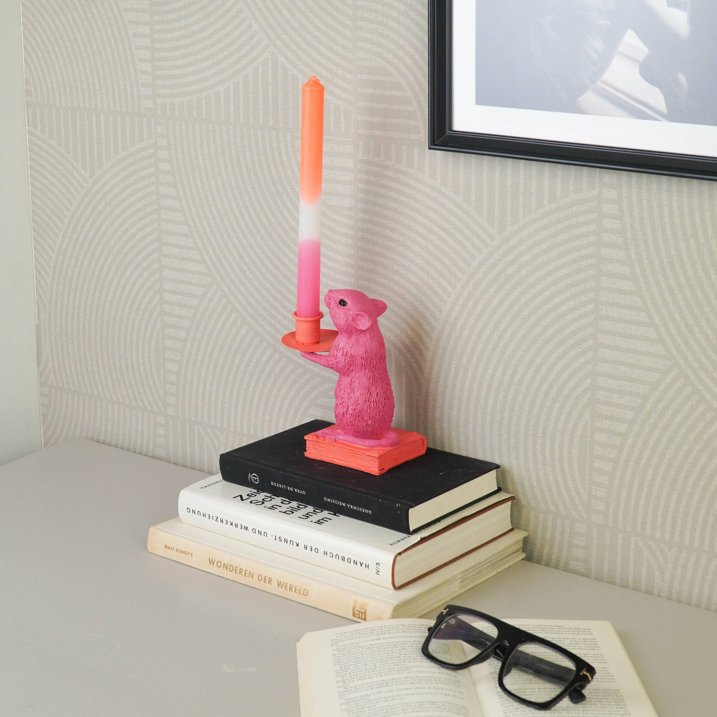 Candle holder - Mouse - Polyresin - Pink/Red - 8x10x17cm