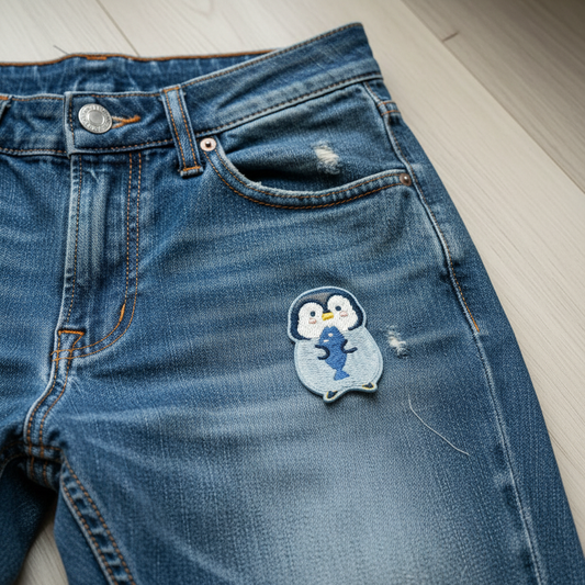 Penguin Iron-On Patch with Fish