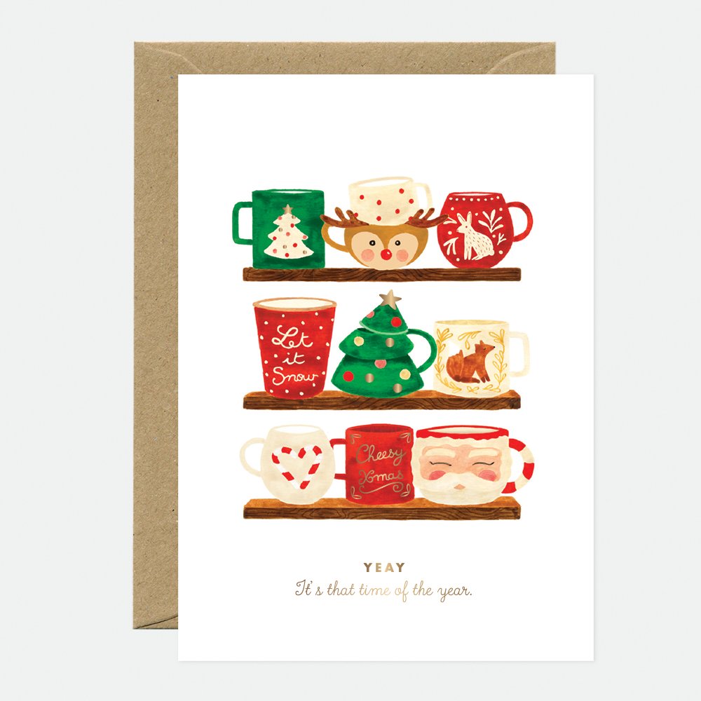 Xmas Mugs - Greeting Card - Gold Foil