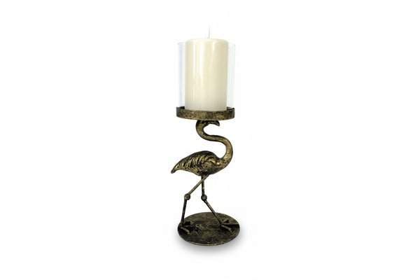 Antique flamingo-shaped candle holder with glass lid