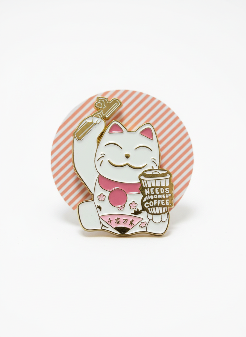 Lucky Cat Pin “Needs Coffee”