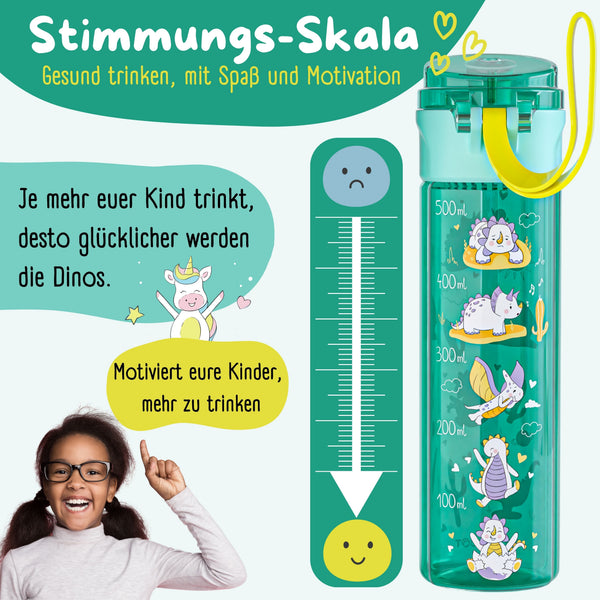Children's Water Bottle, 500ml, Lightweight - Dinos-mint