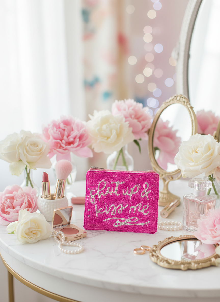 Pochette zippée à perles « Shut Up & Kiss Me »