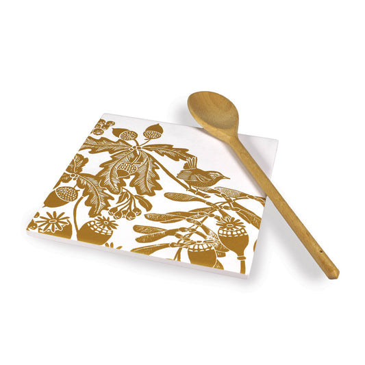 Woodland Thistle Ceramic Trivet, Bird Pattern, Ochre Yellow