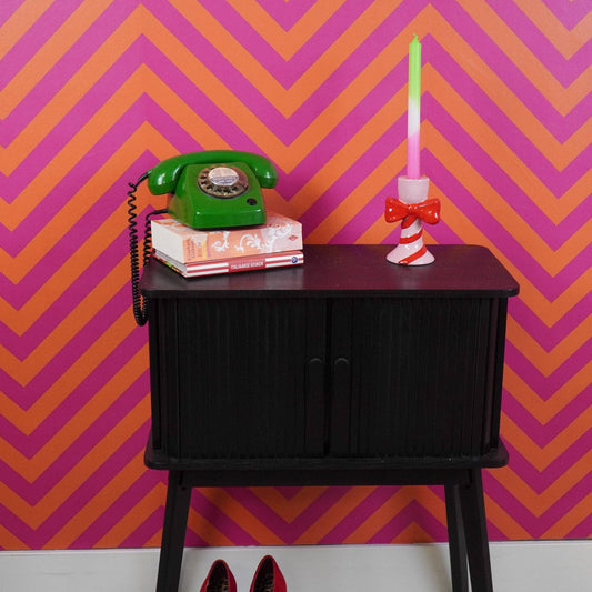 Bougeoir - Rayures avec Nœud - Rose/Rouge - 9x8x14cm