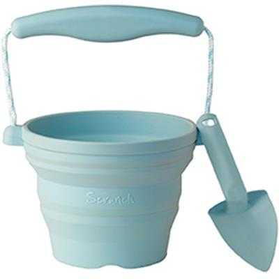 Scrunch: MINI SEAU PLIABLE avec PELLE oeuf de canard bleu 14x12,5x3cm, avec anses en corde, repliable, 100% silicone, recyclable, 12m+