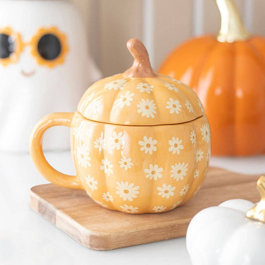 Ceramic pumpkin mug with lid and retro floral pattern
