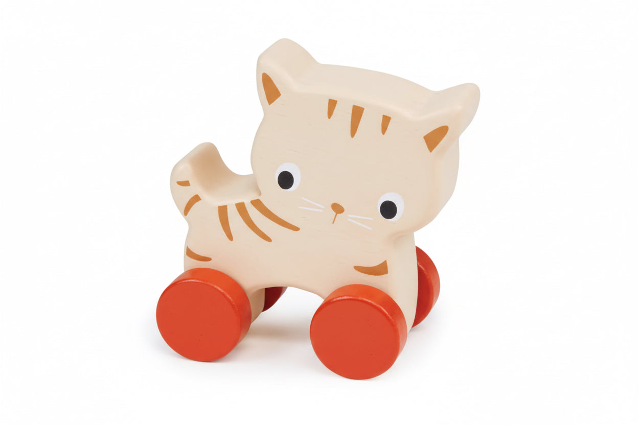 Mentari Bambino: CHAT SUR ROUES 11x5,5x10,5cm, en bois, en boîte, 6m+