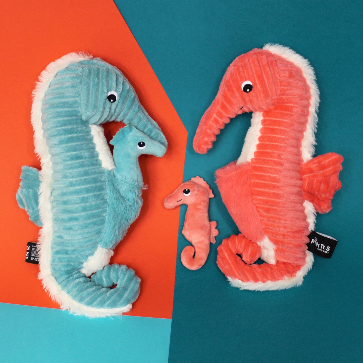 Peluche hippocampe Papadou papa et son bébé bleu aqua – Les Ptipotos – vue 7