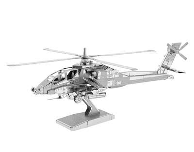 MetalEarth Aviation: AH-64 APACHE 12.2x12.2x5.5cm, maquette 3D en métal avec 2 feuilles, sur carte 12x17cm, 14+