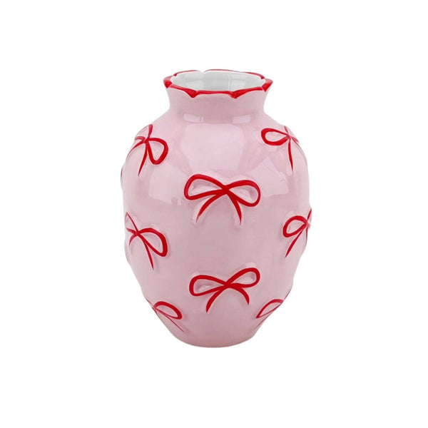 Vase - Flower Vase with Ribbons - Light Pink/Red - 13.5x13.5x19cm
