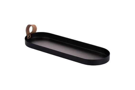 BLACK METAL TRAY/LEATHER HANDLE 35.5X12X2CM - 5926335