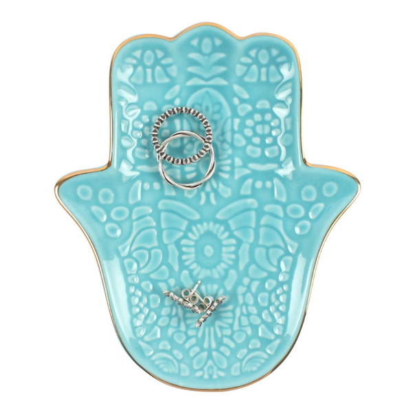Petit plat à bijoux en céramique turquoise Main de Hamsa