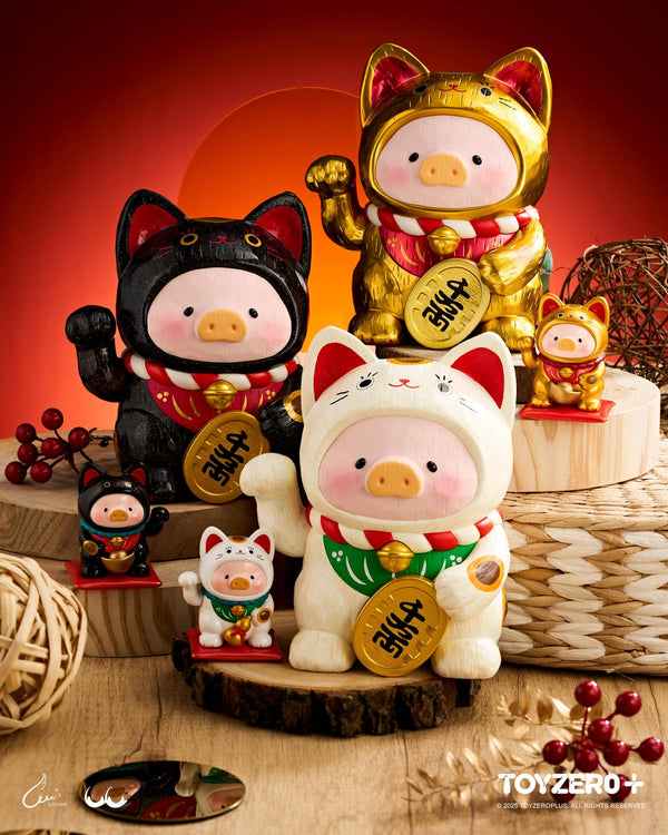 LuLu the Piglet - Maneki Lu (calico cat) — 18cm wooden sculpture