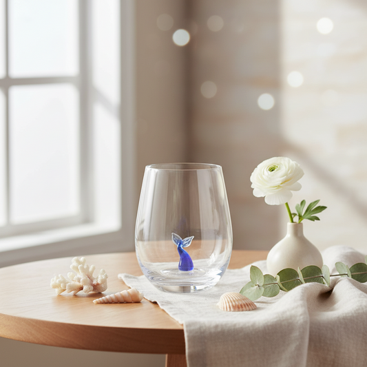 Drinking glass with a small glass whale tail