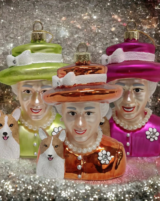 Queen Elizabeth & Corgi Orange Christmas bauble