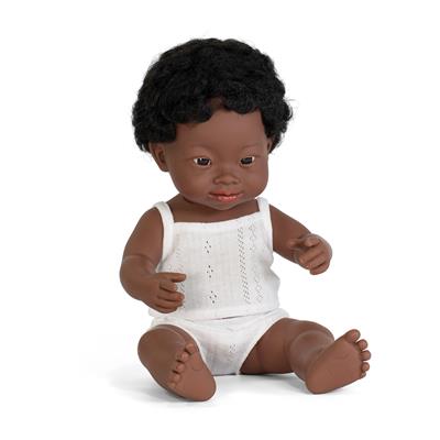 ML Poupées: POUPÉE GARCON AFRICAIN avec SYNDROME de DOWN 38cm, parfumée vanille, imperméable, poupée sexuée, en résine, en boîte cadeau. Made in Spain, 10m+