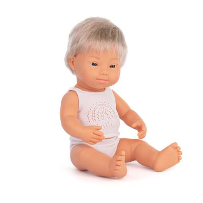 ML Poupées: POUPÉE GARCON EUROPEEN BLONDE avec SYNDROME de DOWN 38cm, parfumée vanille, imperméable, poupée sexuée, en résine, en boîte cadeau. Made in Spain, 10m+