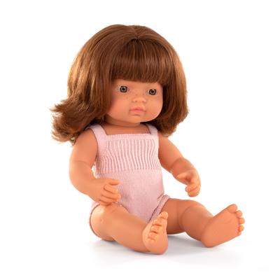 ML Poupées: POUPÉE FILLE EUROPÉENNE ROUSSE 38cm, avec barboteuse rose, parfumée vanille, imperméable, poupée sexuée, en résine, en boîte cadeau 11x41x22cm. Made in Spain, 3+