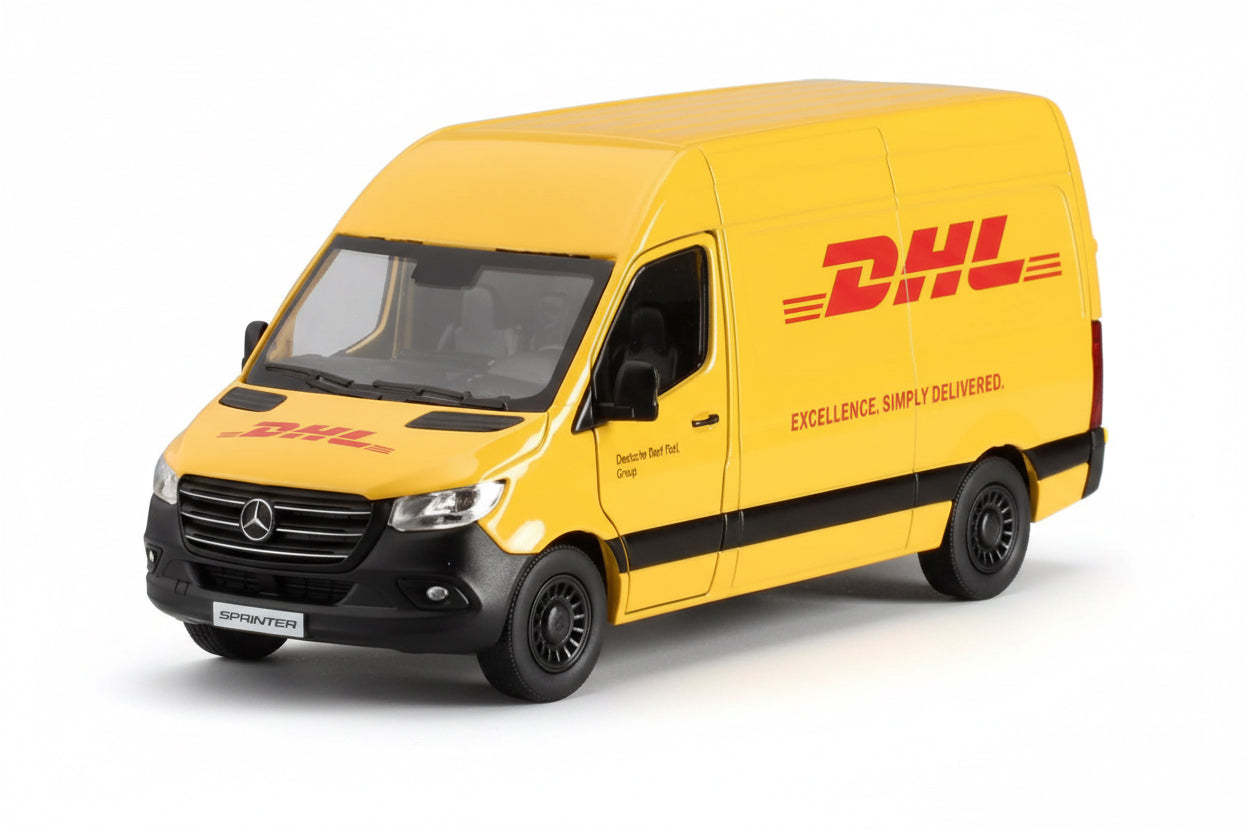 Voiture en métal: MERCEDES BENZ SPRINTER DHL 1:48 L12,5cm, à rétrofriction, en présentoir, 3+