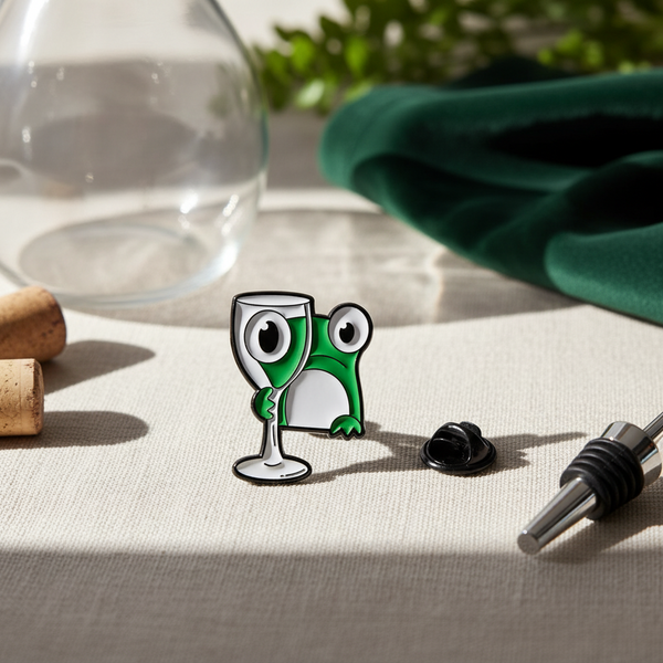 Frosch-Anstecknadel mit Weinglas