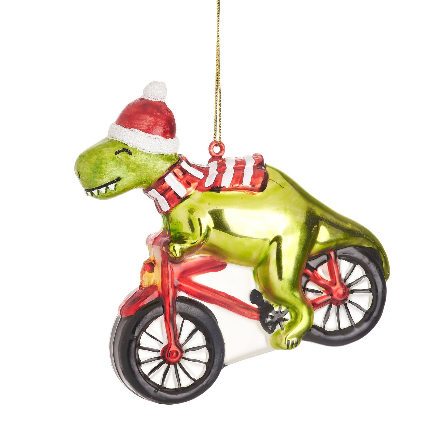 Dinosaur Christmas ball on a bike