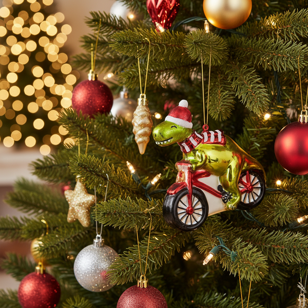 Dinosaur on a Bike Christmas Ornament
