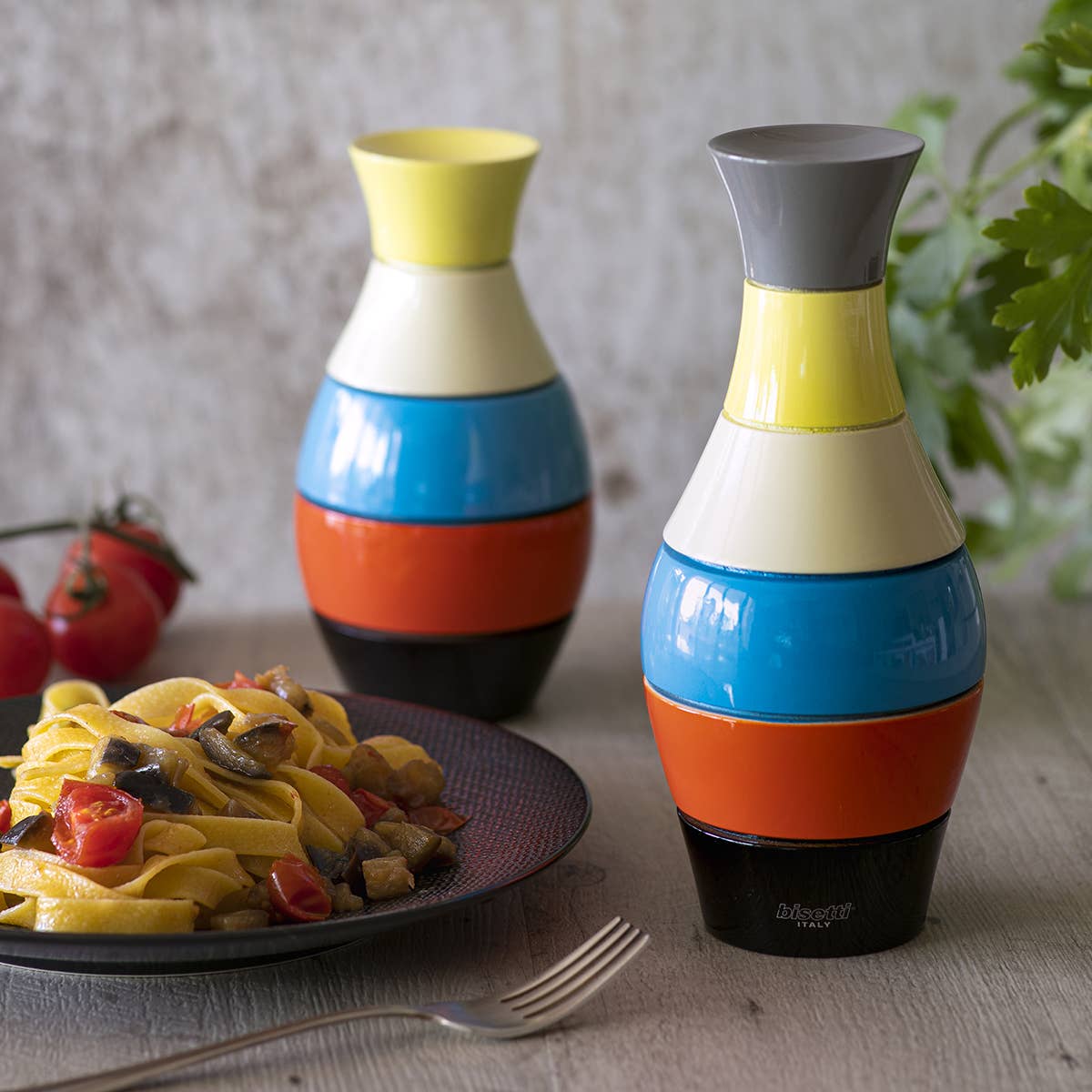 Large "Vase" spice mill in multicolored lacquered beech wood