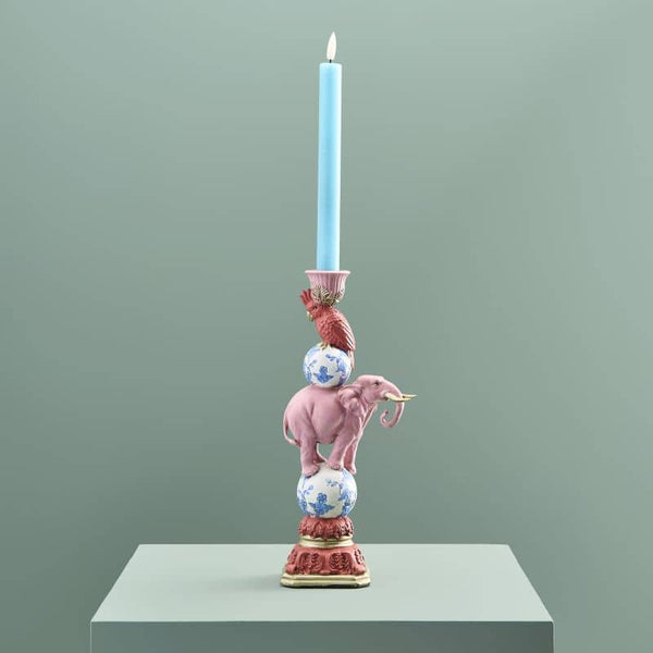 Bird on Elephant Candle Holder, Pink Resin, 13 x 9 x 30.5 cm