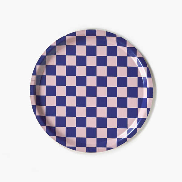 Indigo/Almond CHECKER Round Serving Tray - 31 cm