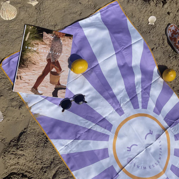 Microfiber Beach Towel - Purple/White - Happy Sunshine - 135 x 65 cm