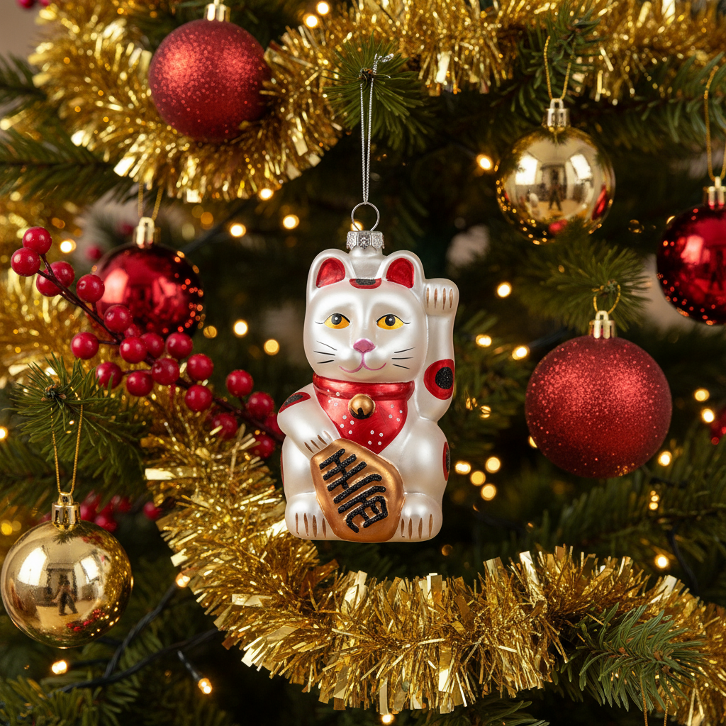 White Lucky Cat Christmas Ball