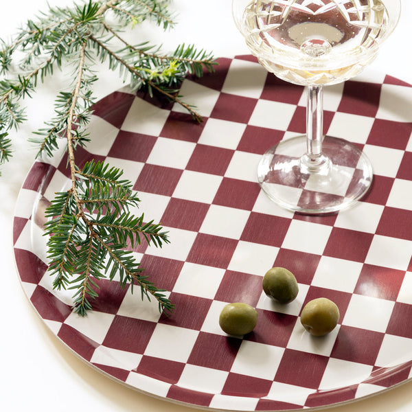 Burgundy/Cream CHECKER Round Serving Tray - 31 cm