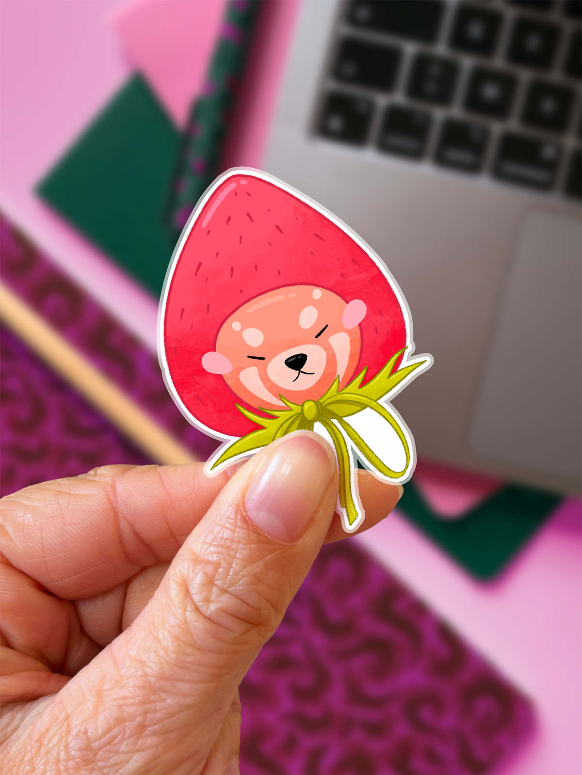 Pam the Red Panda, Strawberry Hat | Sticker
