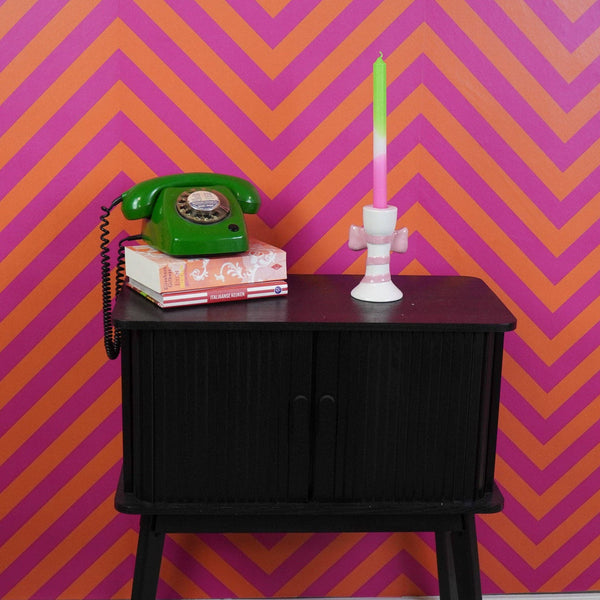 Candlestick - Stripes with Bow - White/Pink - 9x8x14cm