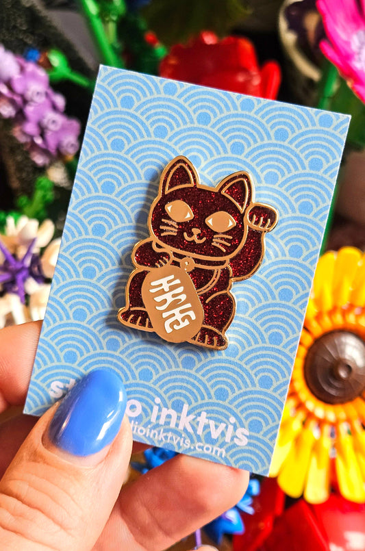 Red Glitter Lucky Cat Pin