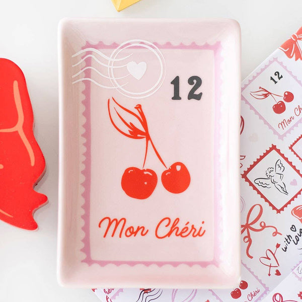 Vide poche timbre-poste cerise