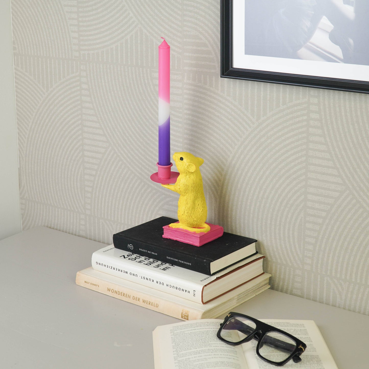 Candle holder - Mouse - Polyresin - Yellow/Pink - 8x10x17cm