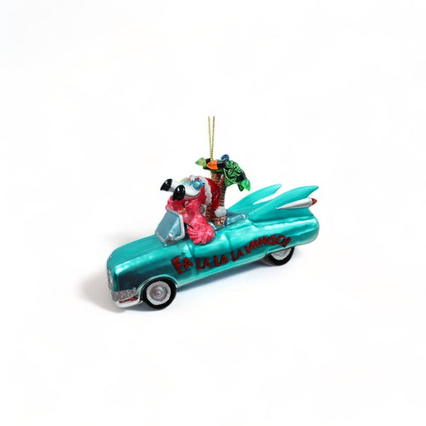 Pink Flamingo Christmas Bauble in a Convertible