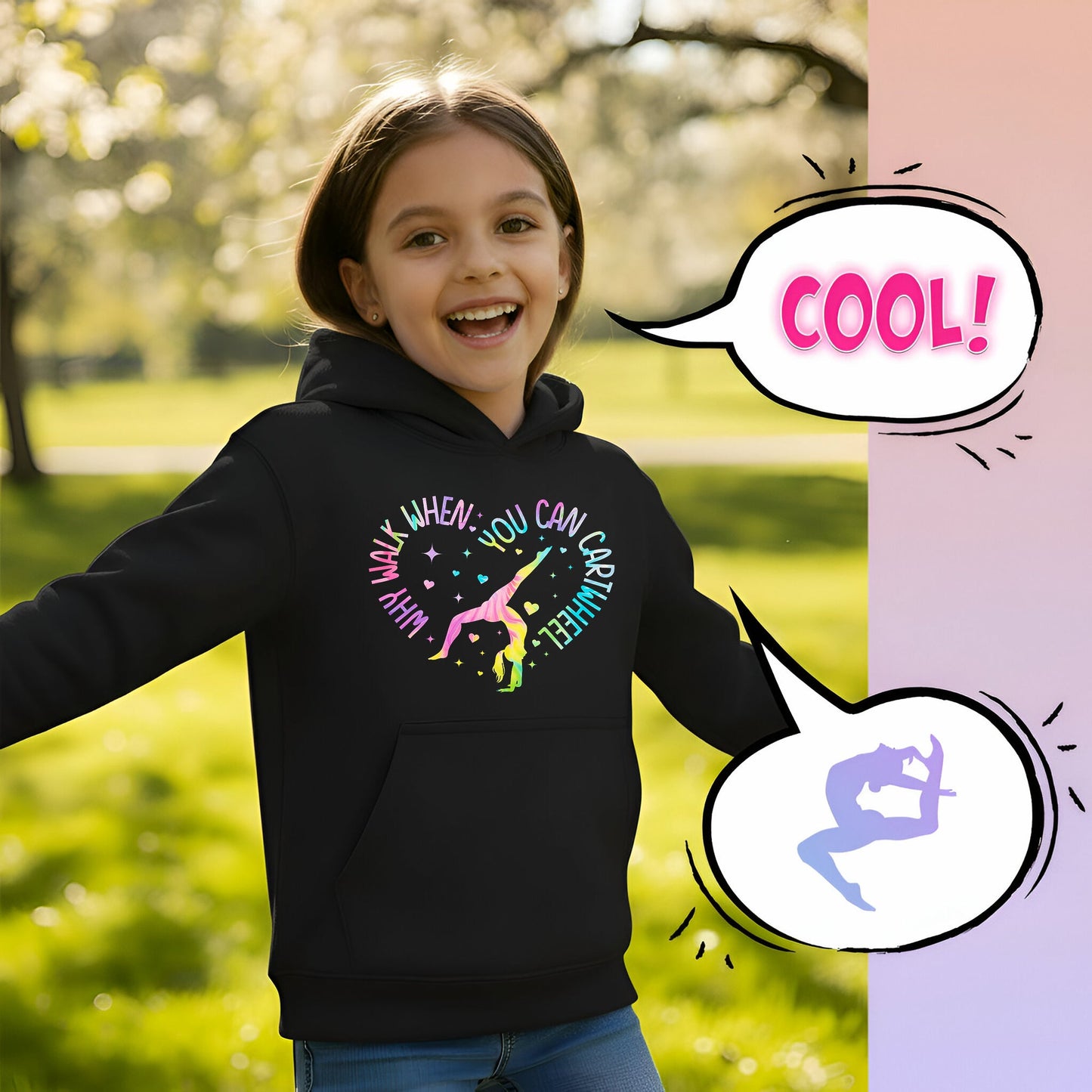 Fringoo Gymnastic Hoodie for Kids Cotton Rich Soft Hooded Sweatshirt - Gymnastic Cartwheel - Black