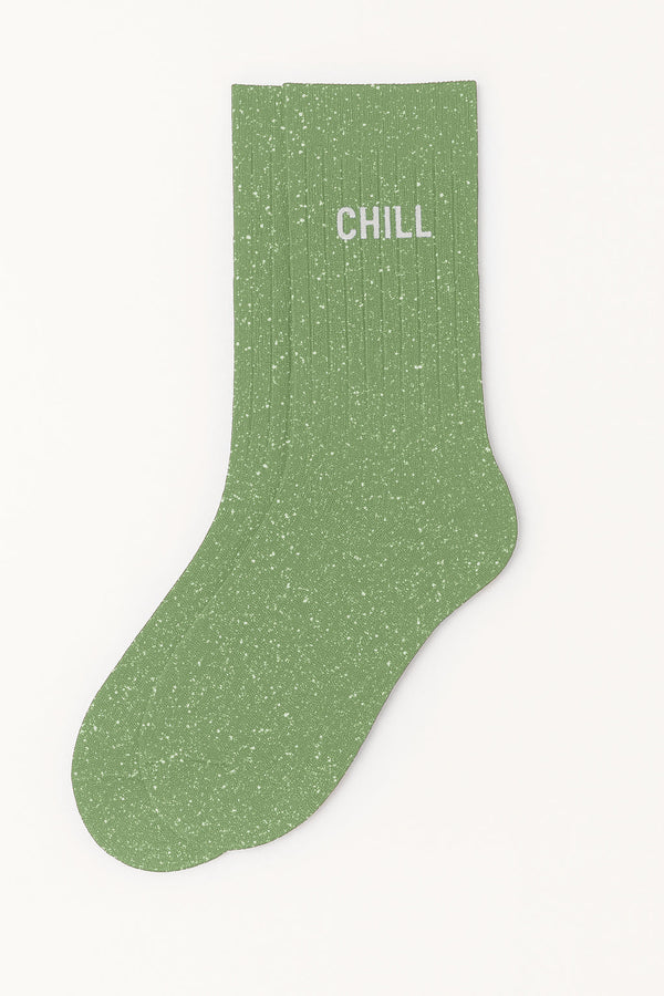 "Chill" Message Glitter Socks - Almond Green