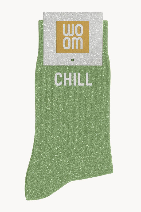 "Chill" Message Glitter Socks - Almond Green
