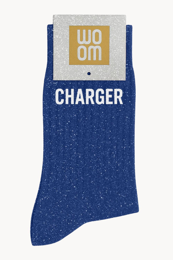 "Charging" Message Glitter Socks - Electric Blue