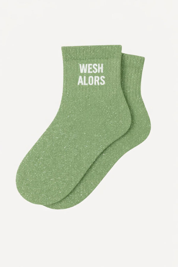 "WESH ALORS" Glittery Short Socks - Almond Green