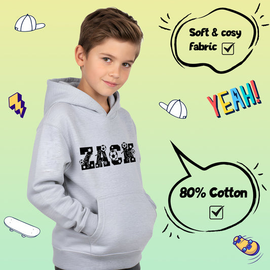 Fringoo Football Hoodie Grey for Boys Cotton Rich Soft Hooded Sweatshirt - Football Alphabet Grey