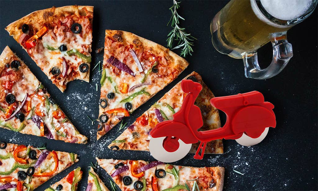 Red scooter pizza cutter with stainless steel blades