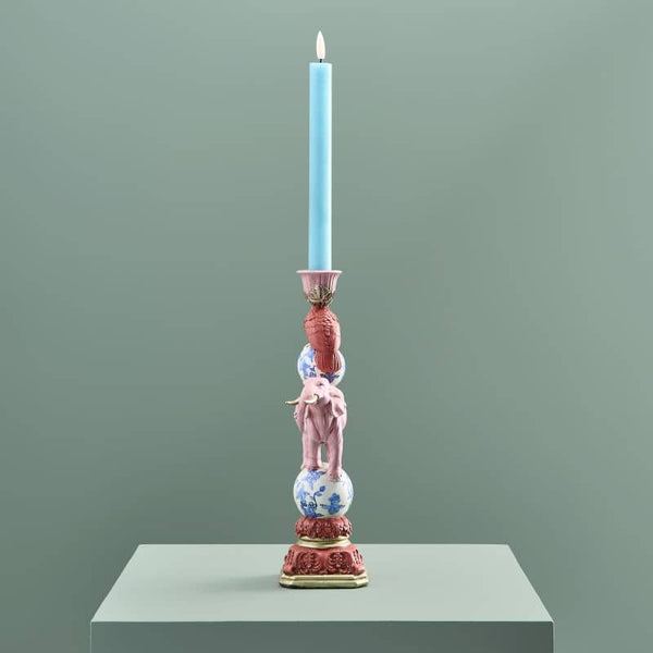 Bird on Elephant Candle Holder, Pink Resin, 13 x 9 x 30.5 cm