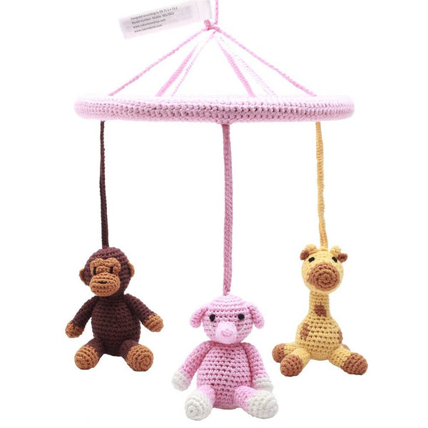 Mobile avec singe, girafe et éléphant (rose)