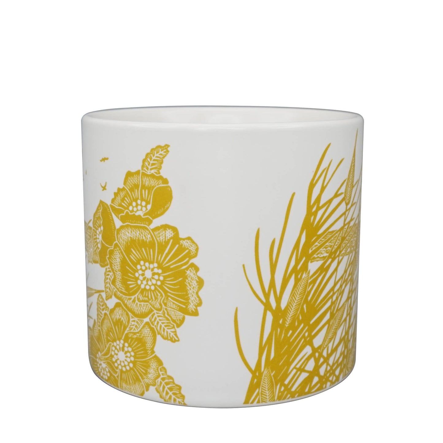 Ceramic flower pot with reeds and birds, mustard yellow