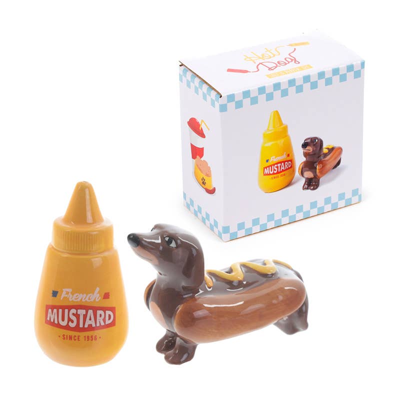 Ceramic hot dog and mustard salt and pepper shakers